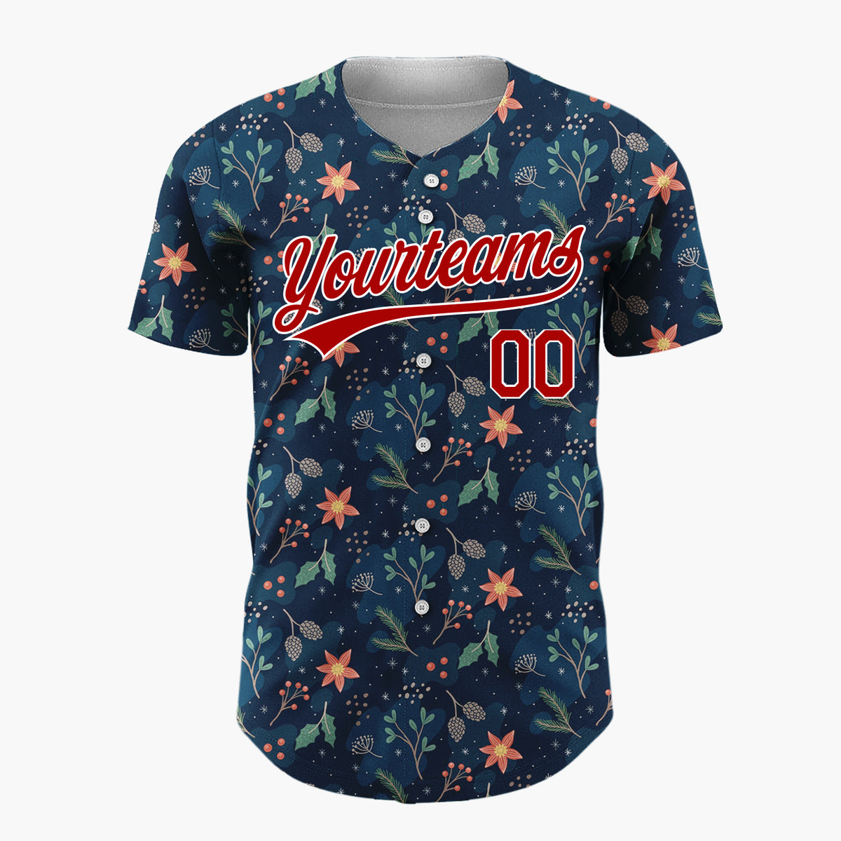 Custom Dark Blue Red Green Festive Floral Christmas Botanical Pattern Christmas Baseball Jersey