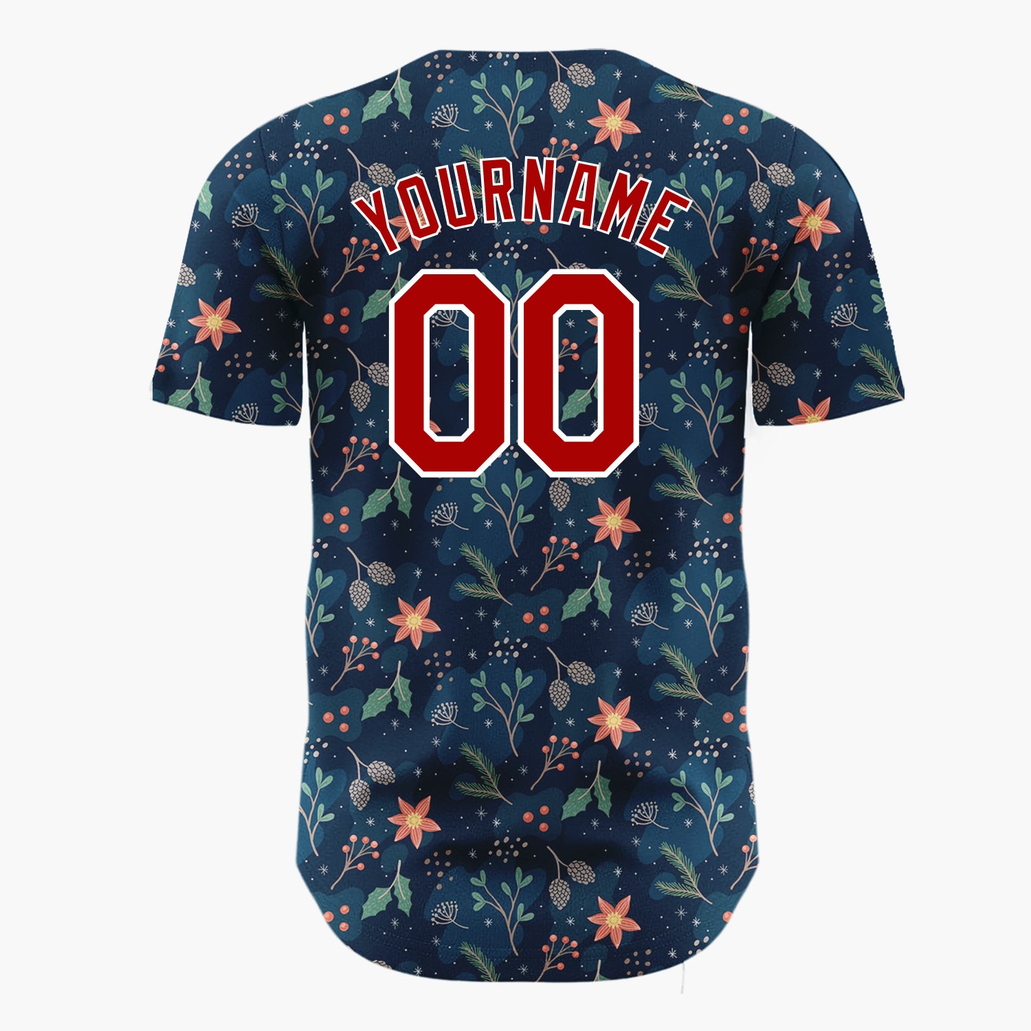 Custom Dark Blue Red Green Festive Floral Christmas Botanical Pattern Christmas Baseball Jersey