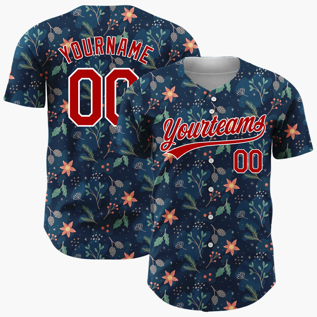 Custom Dark Blue Red Green Festive Floral Christmas Botanical Pattern Christmas Baseball Jersey
