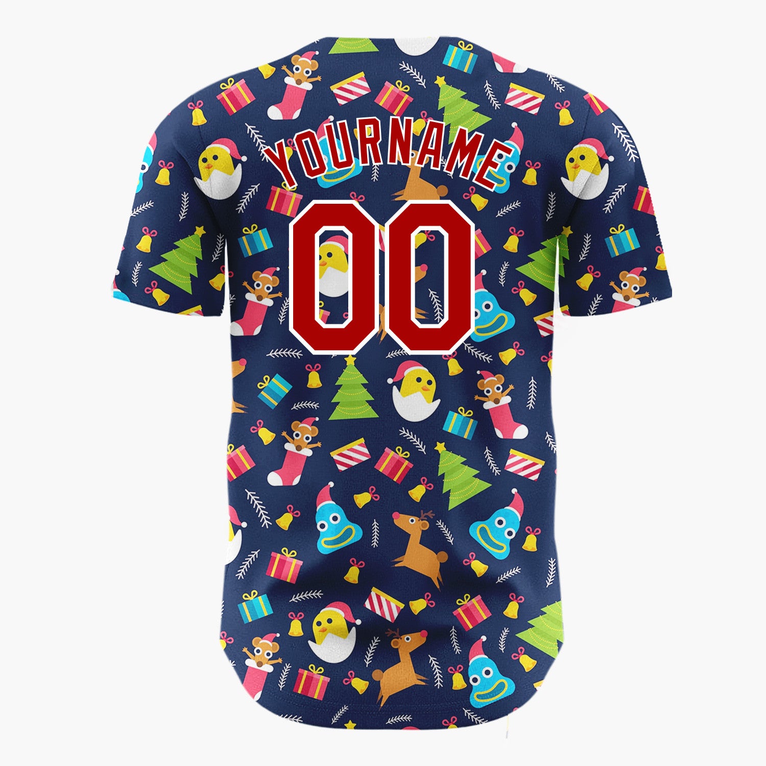 Custom Dark Blue Multicolor Reindeer Chick Stocking Cute Christmas Baseball Jersey