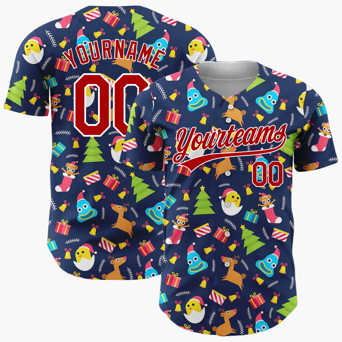 Custom Dark Blue Multicolor Reindeer Chick Stocking Cute Christmas Baseball Jersey