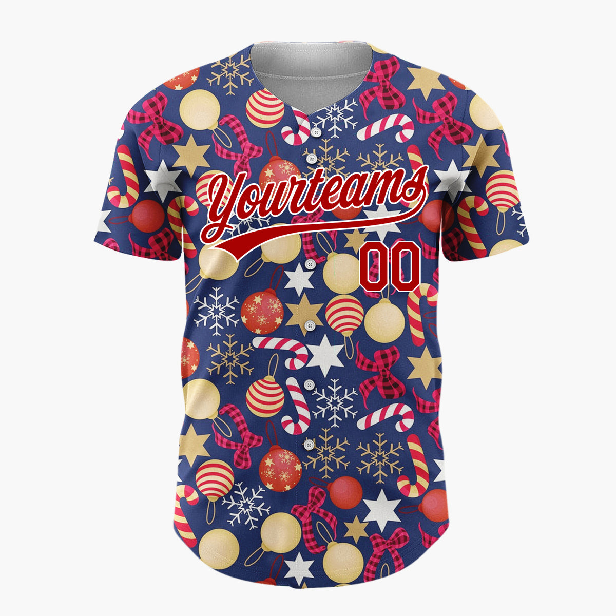 Custom Dark Blue Red Gold White Ornaments Stars And Candy Canes Christmas Baseball Jersey