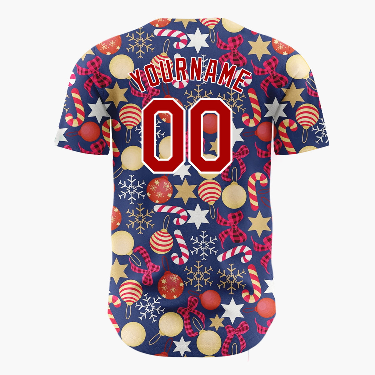 Custom Dark Blue Red Gold White Ornaments Stars And Candy Canes Christmas Baseball Jersey