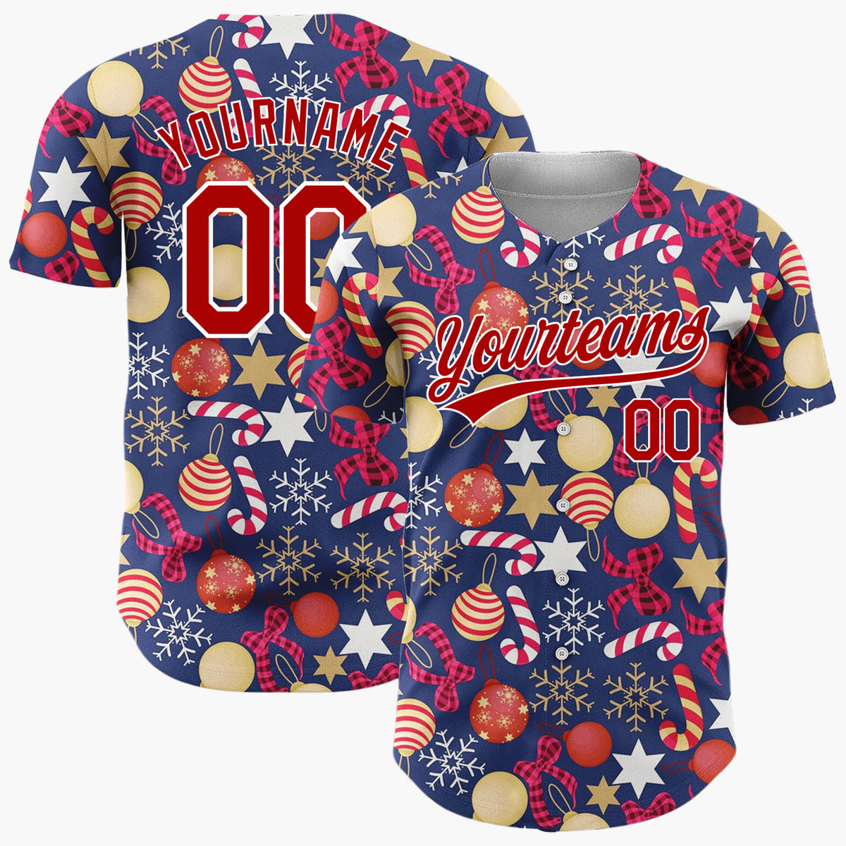 Custom Dark Blue Red Gold White Ornaments Stars And Candy Canes Christmas Baseball Jersey