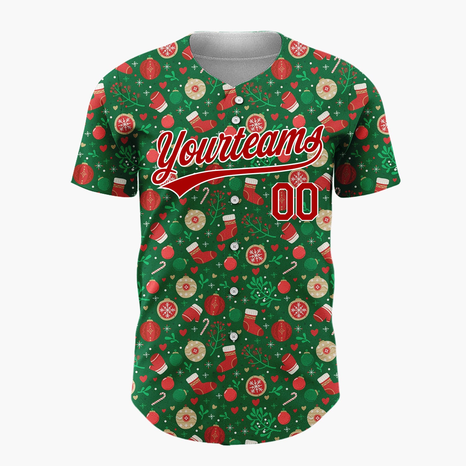 Custom Dark Green Holly Berries Festive Doodles Cartoon Pattern Christmas Baseball Jersey