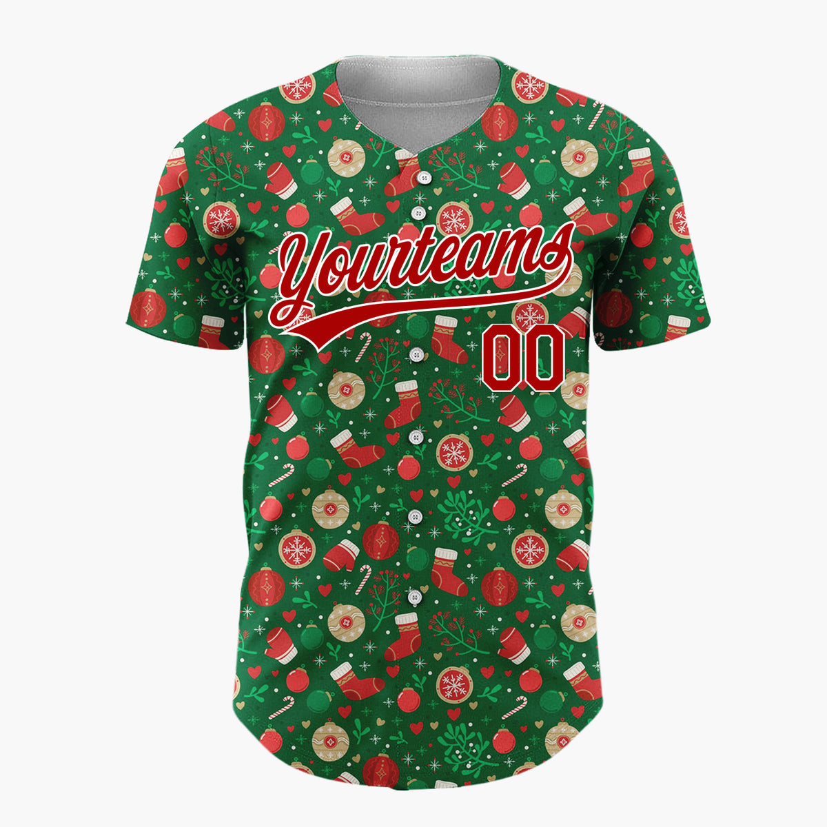 Custom Dark Green Holly Berries Festive Doodles Cartoon Pattern Christmas Baseball Jersey