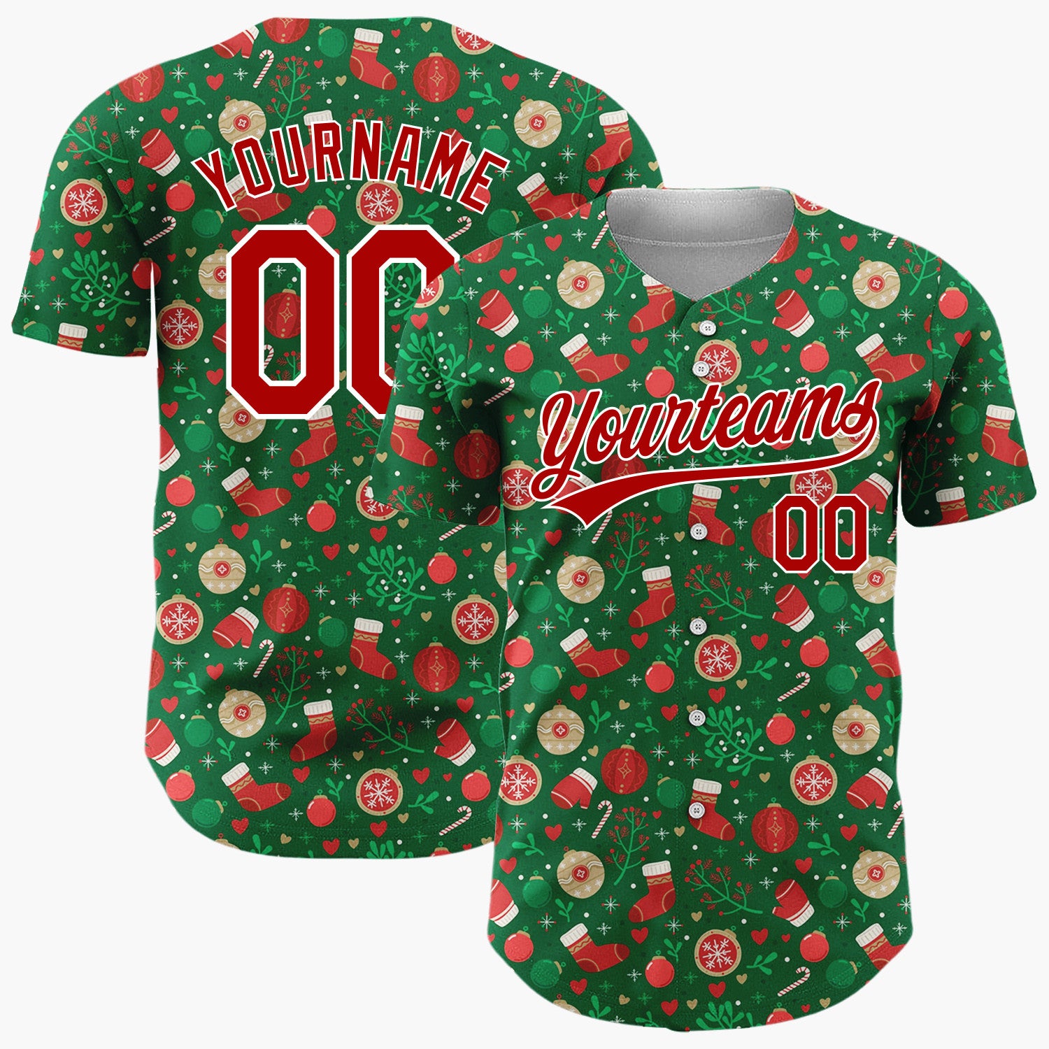 Custom Dark Green Holly Berries Festive Doodles Cartoon Pattern Christmas Baseball Jersey