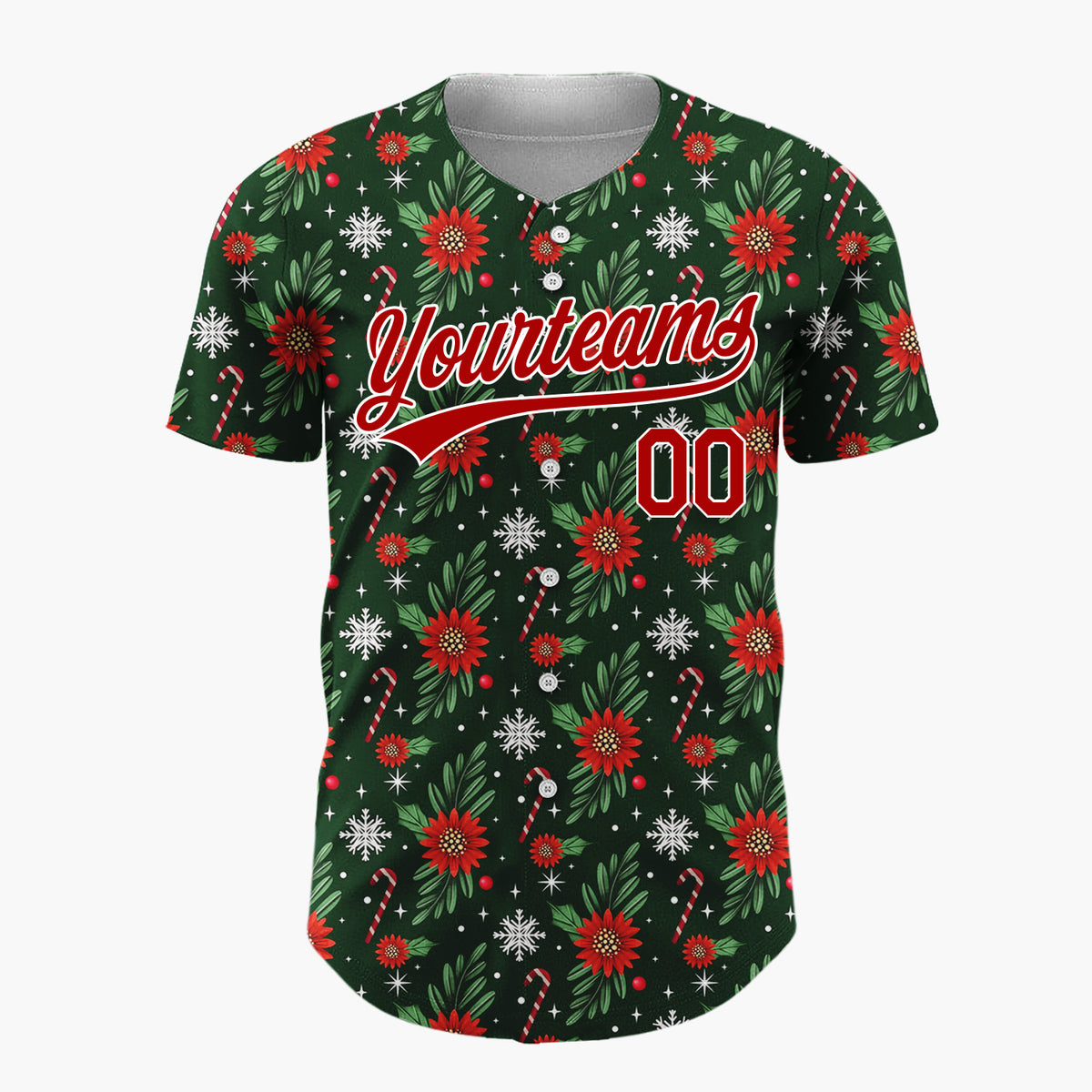 Custom Dark Green Holly Wreath Foliage Cartoon Pattern Christmas Baseball Jersey