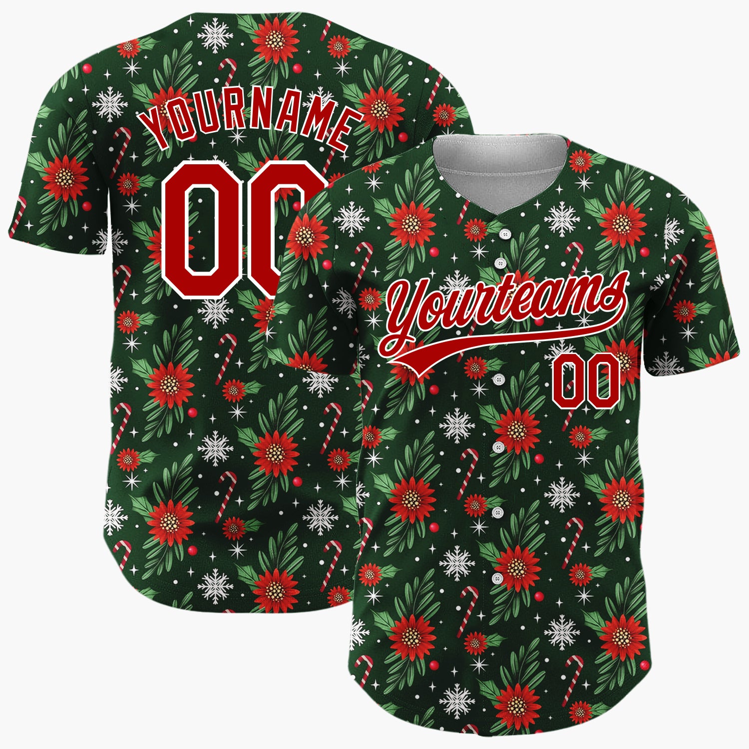 Custom Dark Green Holly Wreath Foliage Cartoon Pattern Christmas Baseball Jersey