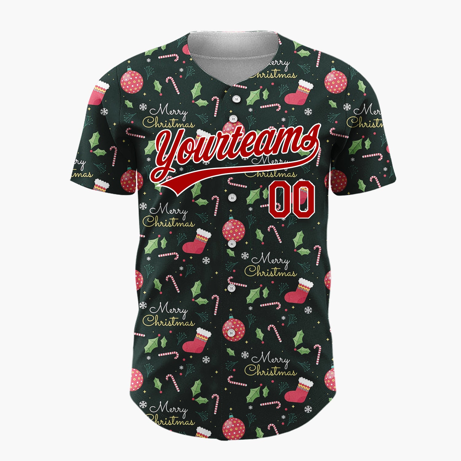 Custom Dark Green Holly Merry Christmas Text Cartoon Pattern Christmas Baseball Jersey