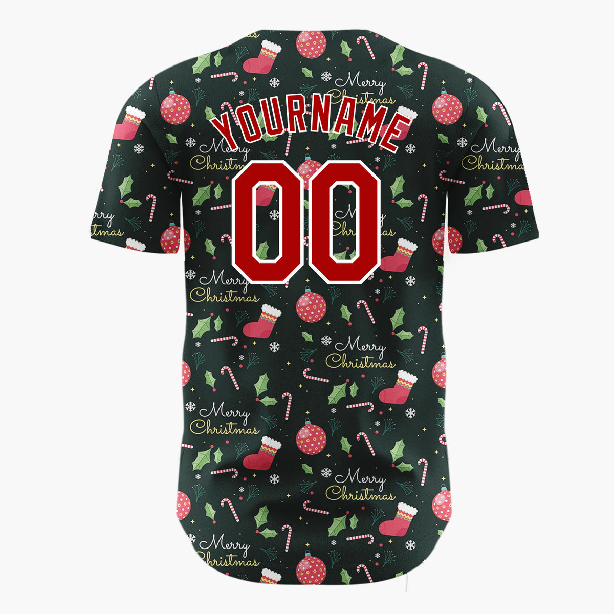 Custom Dark Green Holly Merry Christmas Text Cartoon Pattern Christmas Baseball Jersey