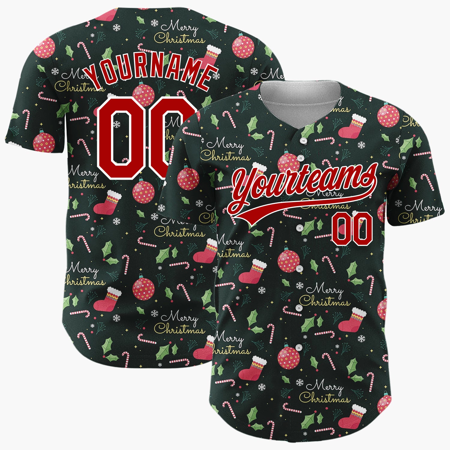 Custom Dark Green Holly Merry Christmas Text Cartoon Pattern Christmas Baseball Jersey