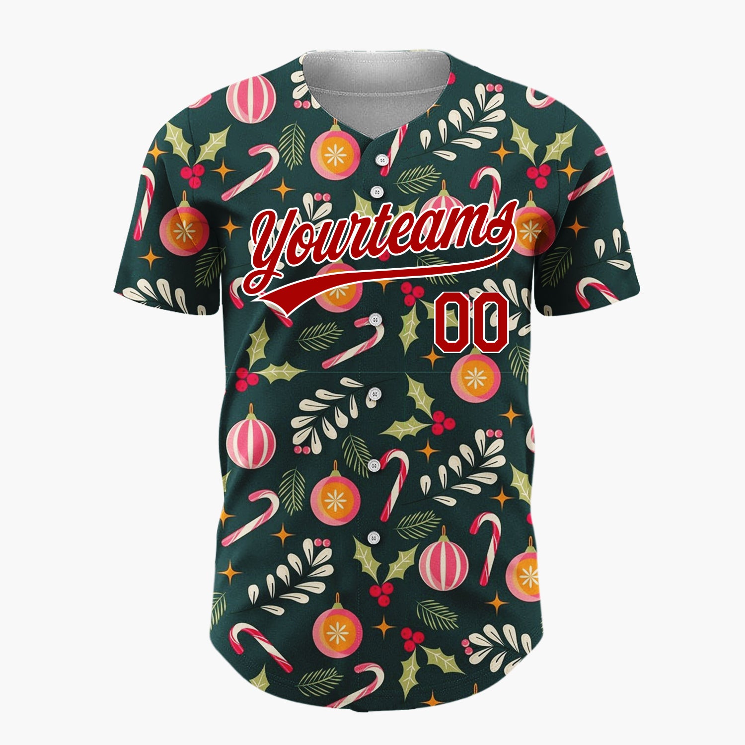 Custom Dark Green Candy Canes Berries Festive Cartoon Pattern Christmas Baseball Jersey