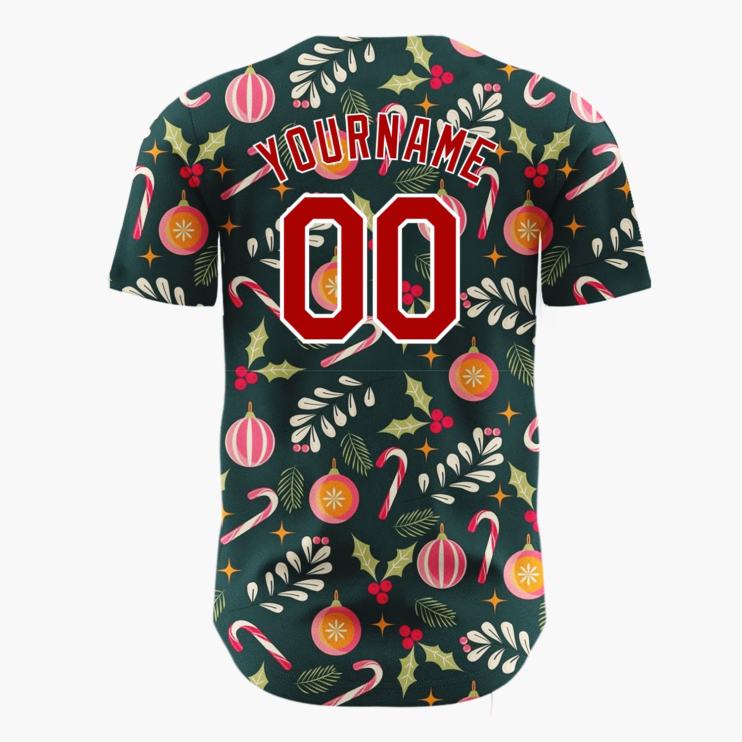 Custom Dark Green Candy Canes Berries Festive Cartoon Pattern Christmas Baseball Jersey