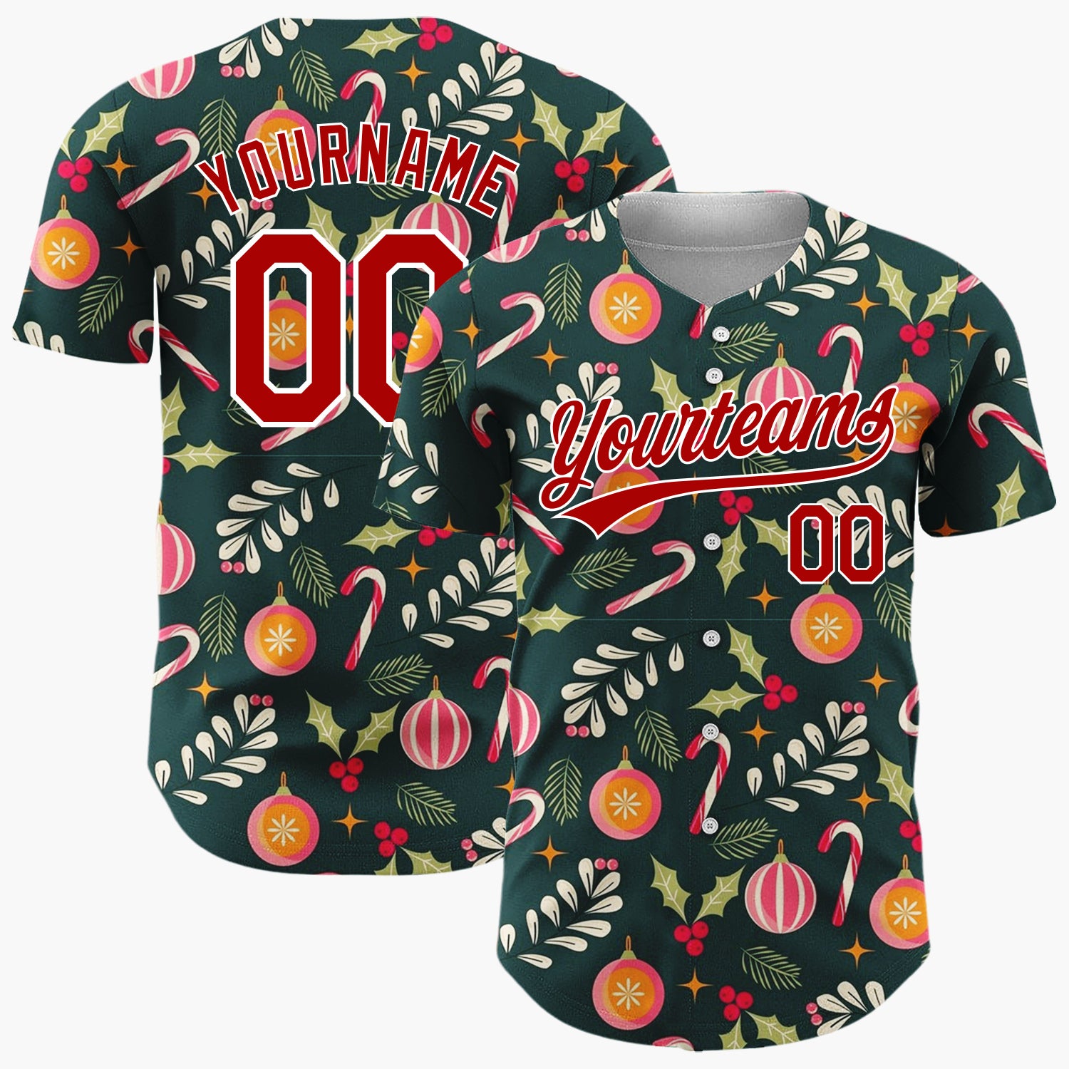 Custom Dark Green Candy Canes Berries Festive Cartoon Pattern Christmas Baseball Jersey