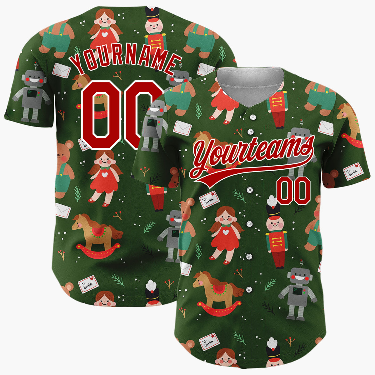 Custom Dark Green Dolls Bears And Nutcrackers Vintage Toy Christmas Baseball Jersey