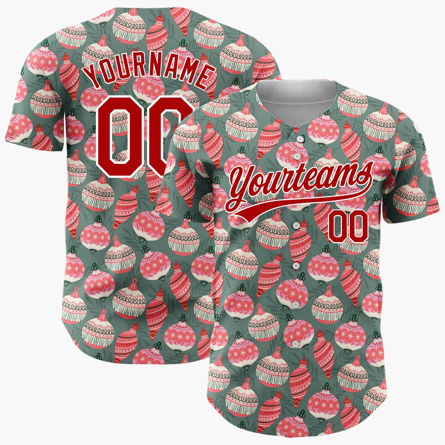 Custom Dark Green Pink Ornament Retro Pattern Christmas Baseball Jersey