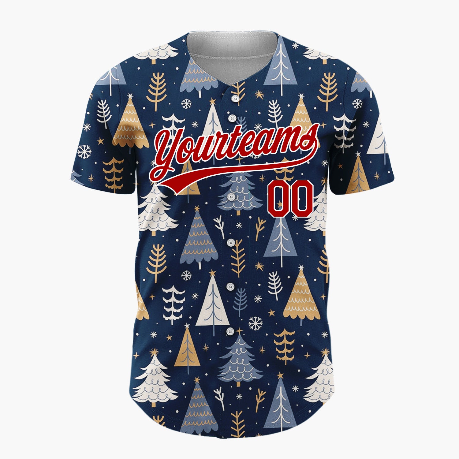 Custom Dark Blue Fir Trees Snowflakes Minimalist Nordic Christmas Baseball Jersey