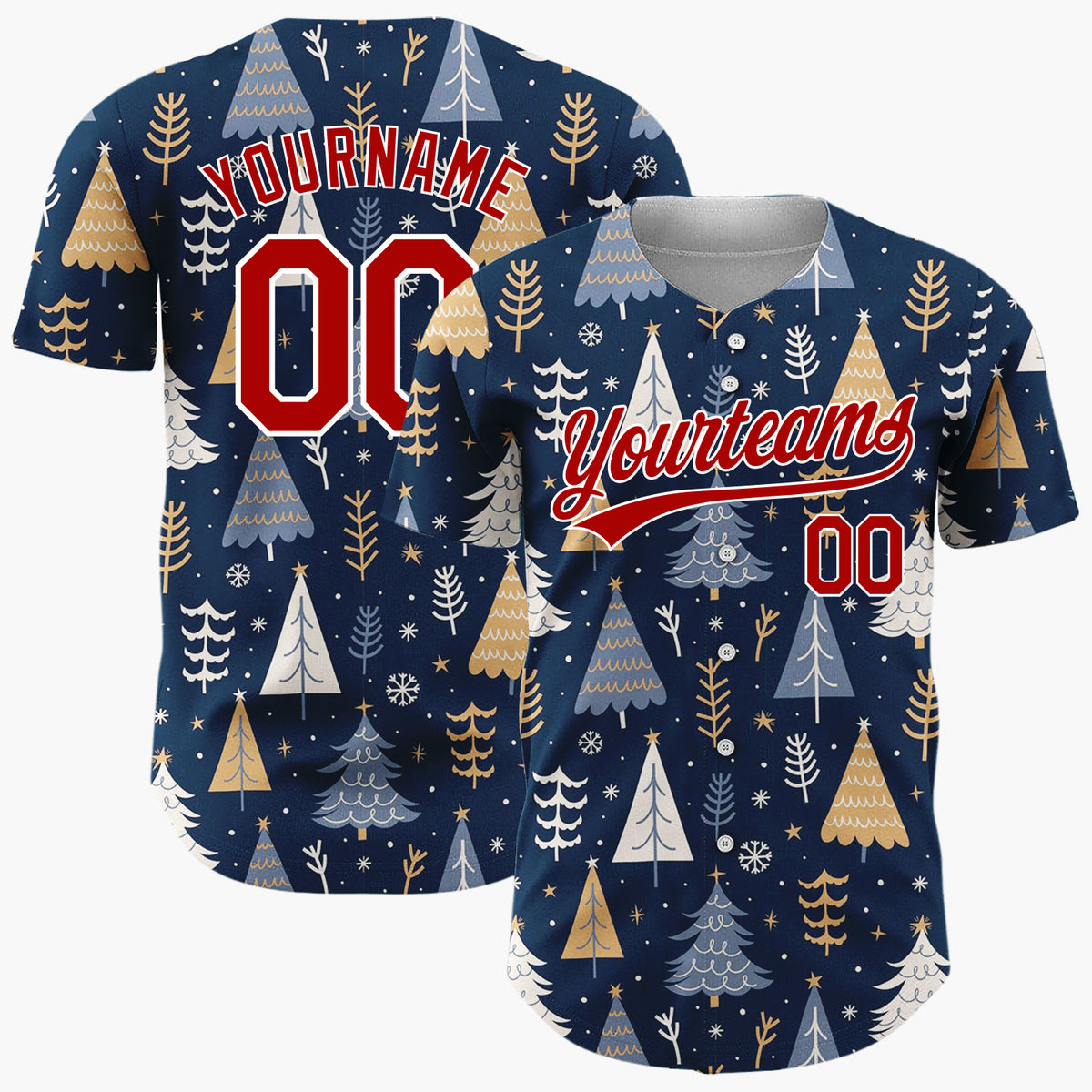 Custom Dark Blue Fir Trees Snowflakes Minimalist Nordic Christmas Baseball Jersey