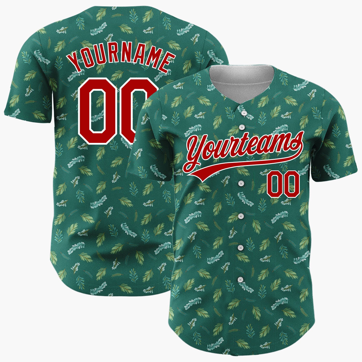 Custom Dark Green Pine And Foliage Christmas Botanical Pattern Christmas Baseball Jersey