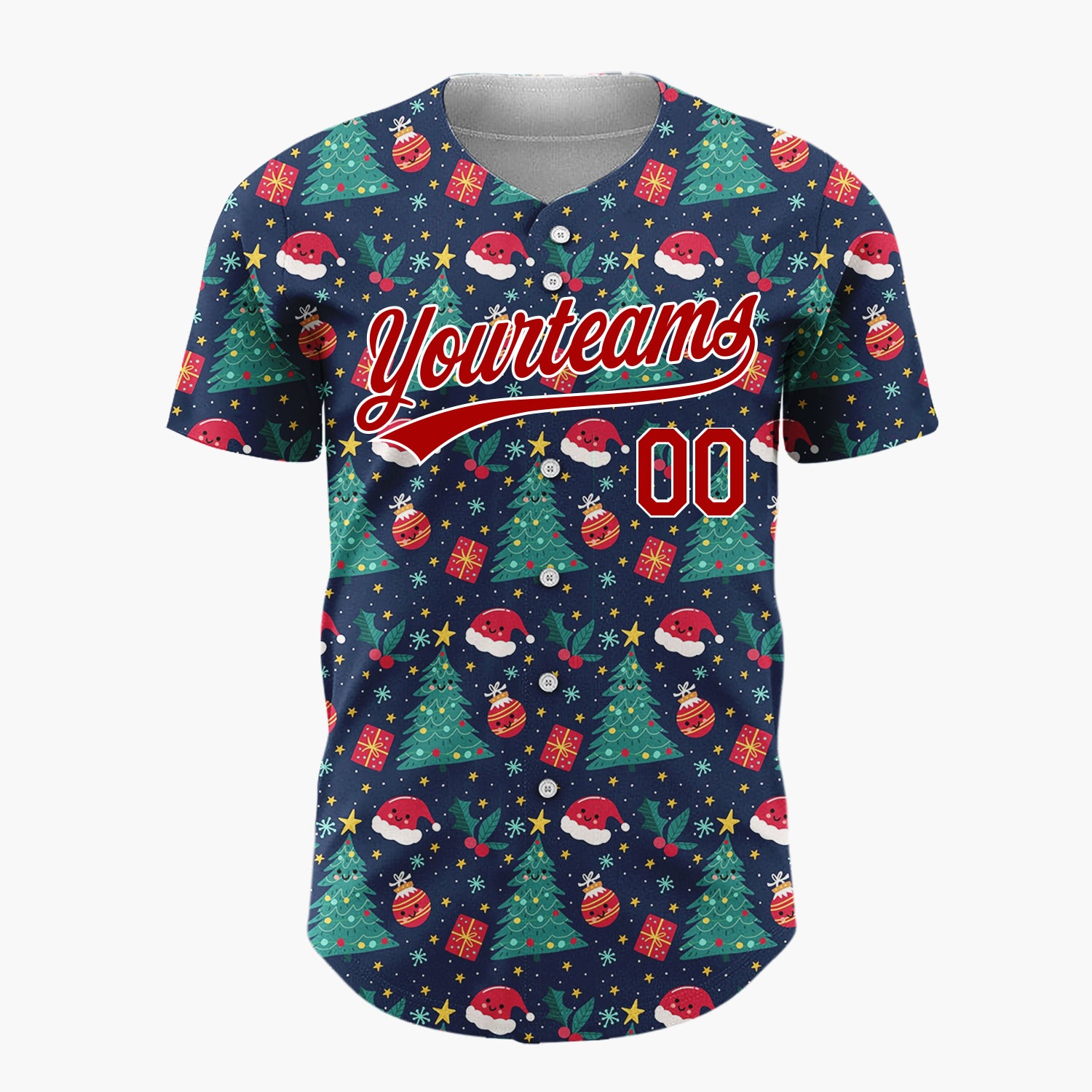 Custom Dark Blue Santa Christmas Trees Cartoon Pattern Christmas Baseball Jersey