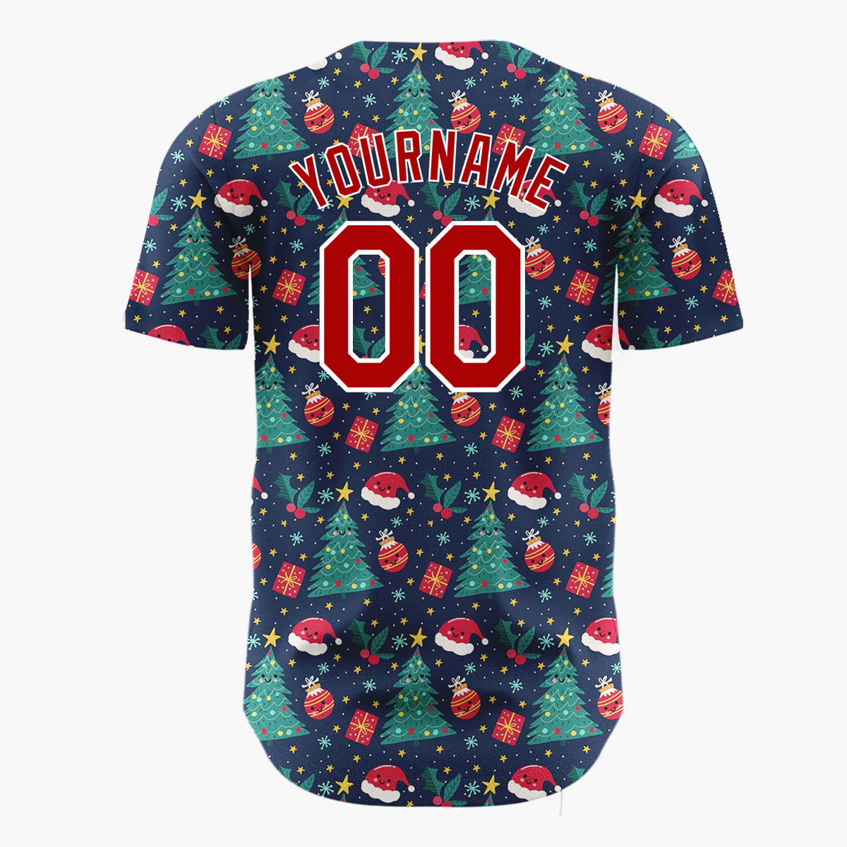 Custom Dark Blue Santa Christmas Trees Cartoon Pattern Christmas Baseball Jersey