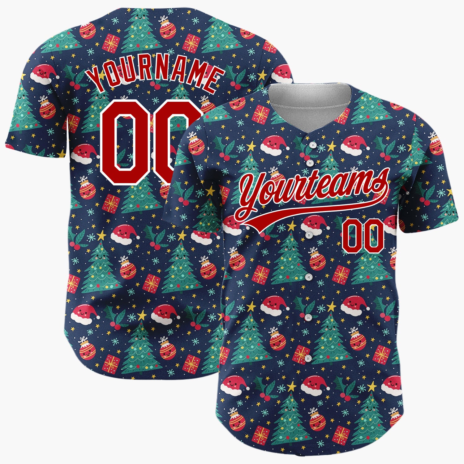 Custom Dark Blue Santa Christmas Trees Cartoon Pattern Christmas Baseball Jersey