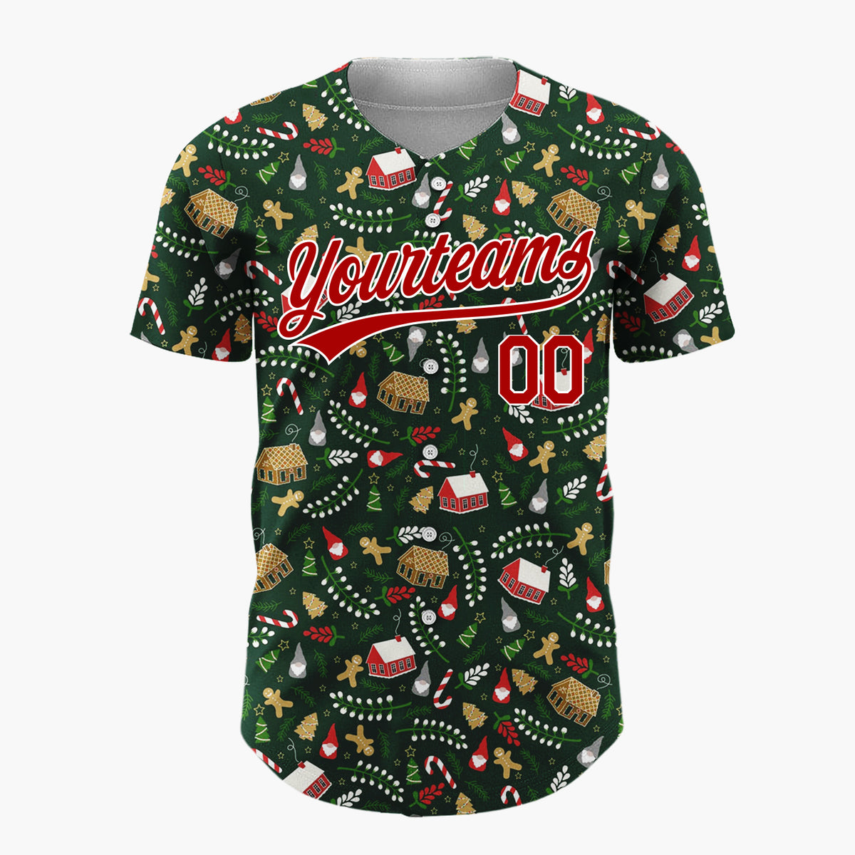 Custom Dark Green Christmas Village Gingerbread Houses Cartoon Pattern Christmas Baseball Jersey