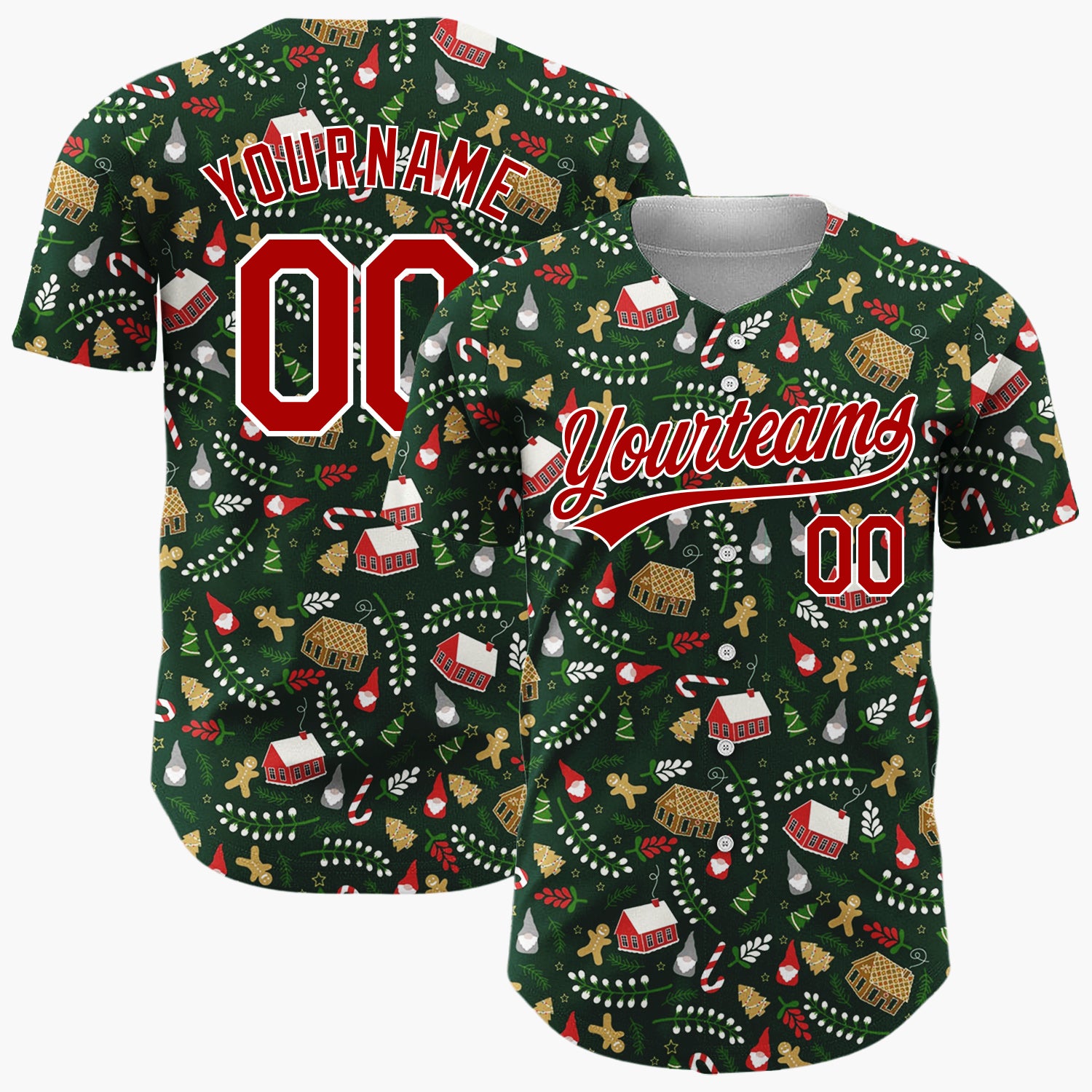 Custom Dark Green Christmas Village Gingerbread Houses Cartoon Pattern Christmas Baseball Jersey