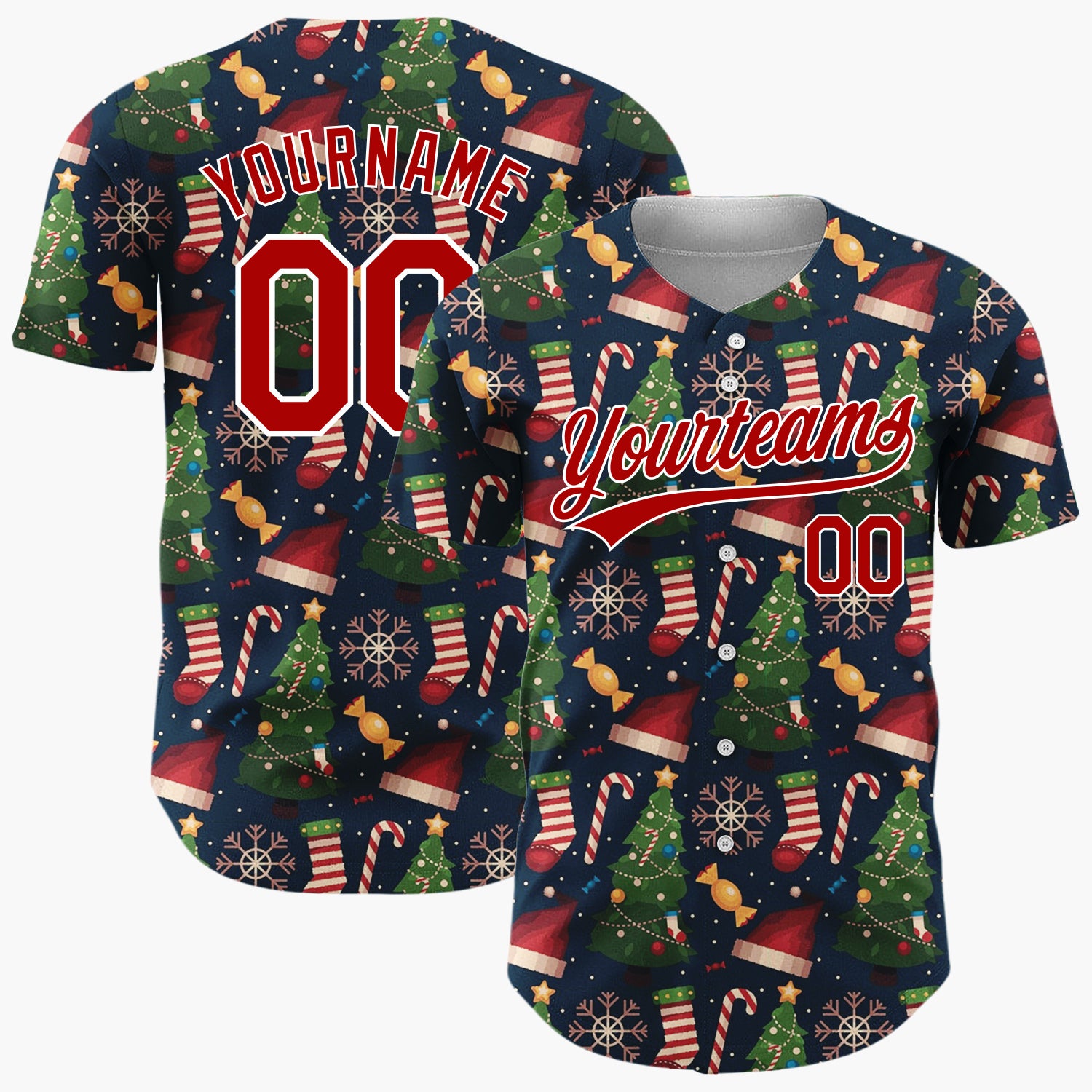 Custom Dark Blue Green Red Classic Holiday Items Christmas Baseball Jersey