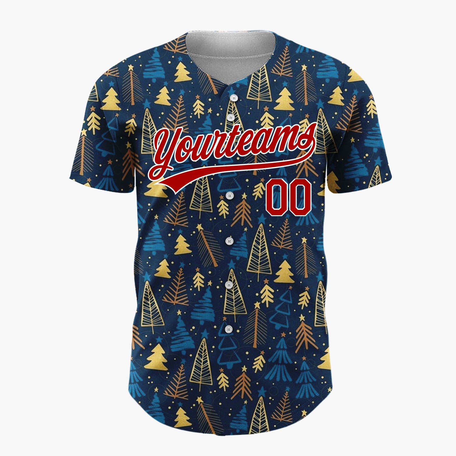 Custom Dark Blue Golden Christmas Trees Stars Cartoon Pattern Christmas Baseball Jersey
