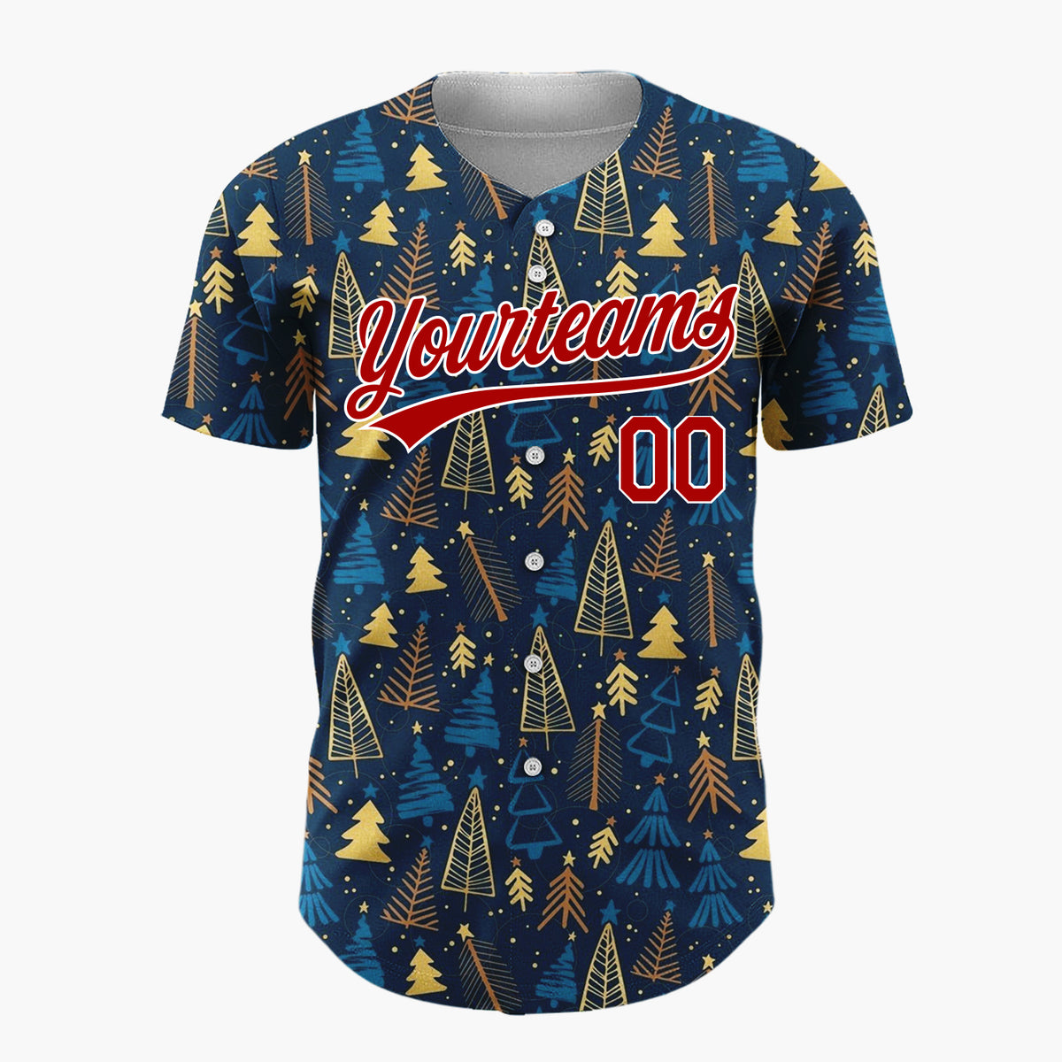 Custom Dark Blue Golden Christmas Trees Stars Cartoon Pattern Christmas Baseball Jersey