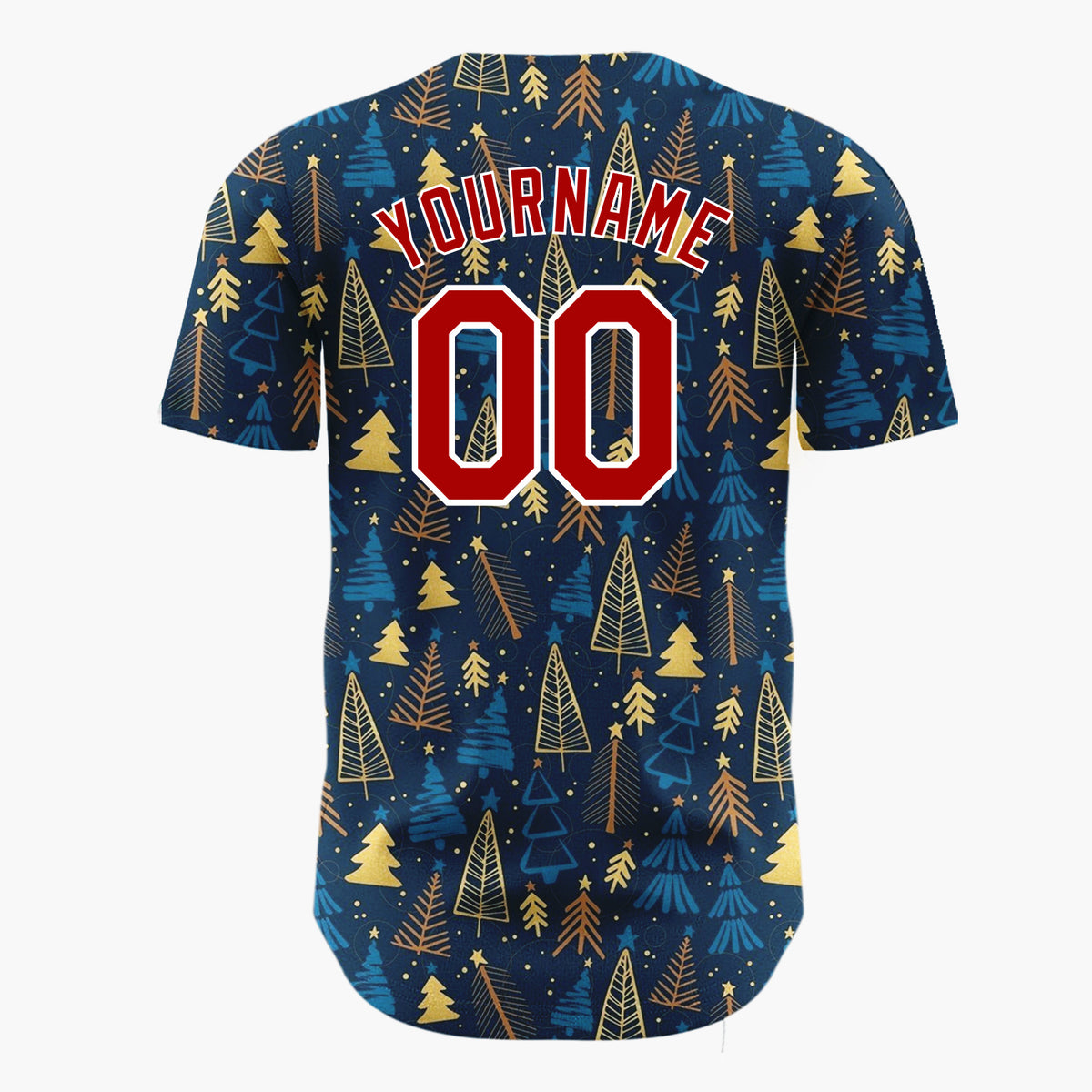 Custom Dark Blue Golden Christmas Trees Stars Cartoon Pattern Christmas Baseball Jersey