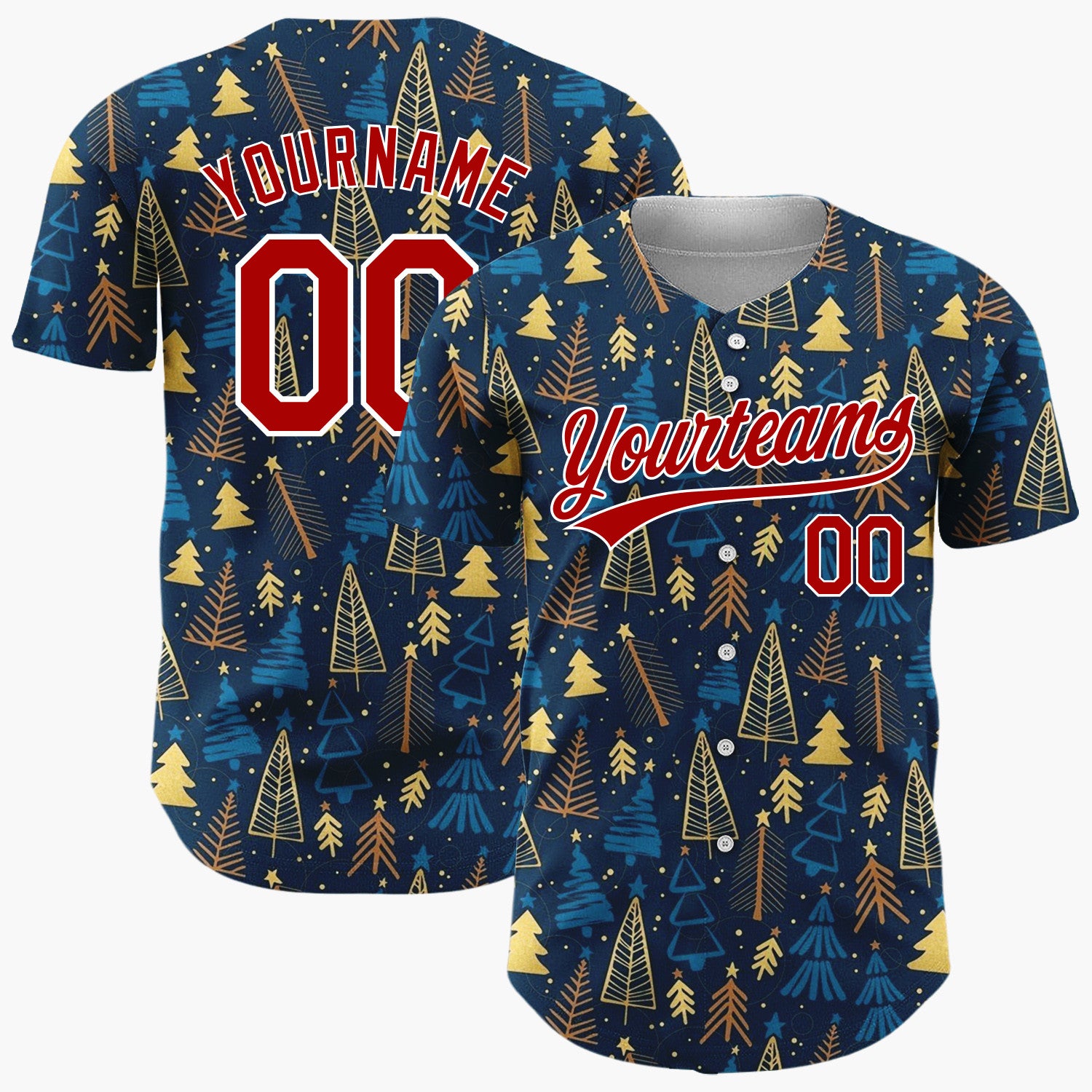 Custom Dark Blue Golden Christmas Trees Stars Cartoon Pattern Christmas Baseball Jersey