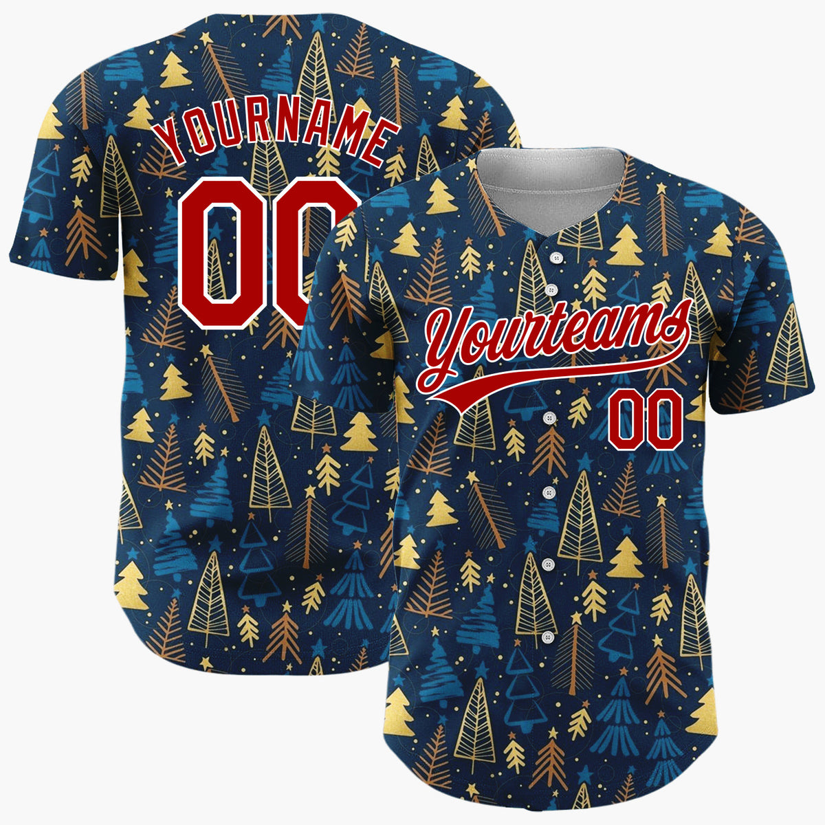 Custom Dark Blue Golden Christmas Trees Stars Cartoon Pattern Christmas Baseball Jersey