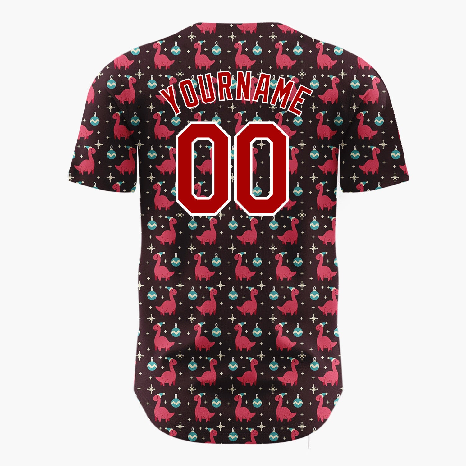 Custom Dark Brown Red Blue Dinosaurs And Ornaments Funny Christmas Baseball Jersey