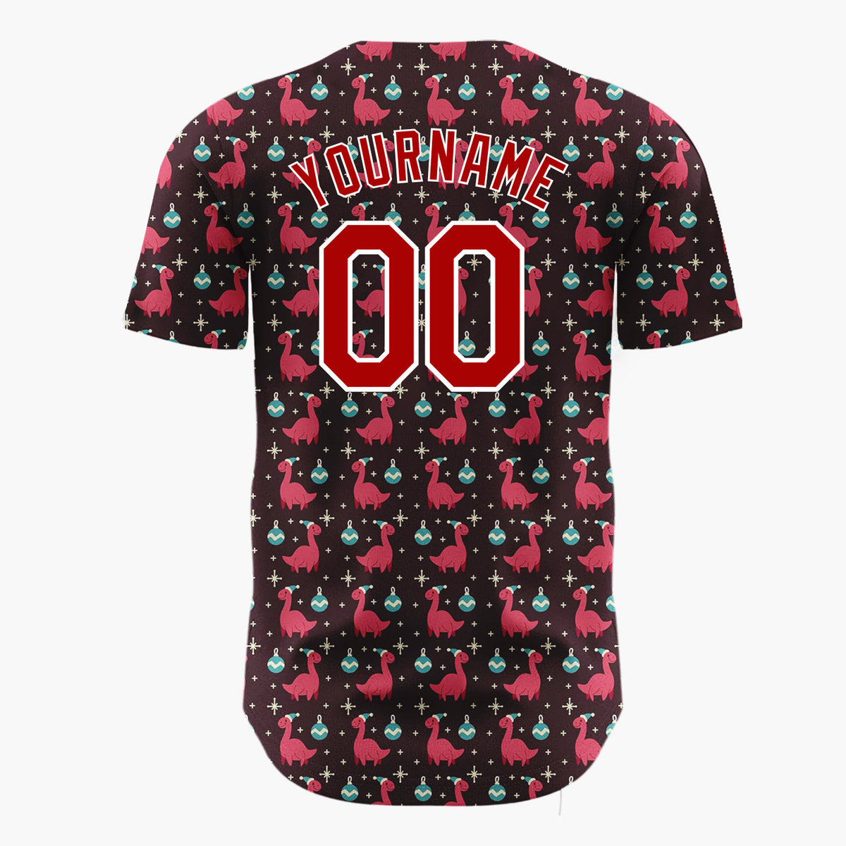Custom Dark Brown Red Blue Dinosaurs And Ornaments Funny Christmas Baseball Jersey
