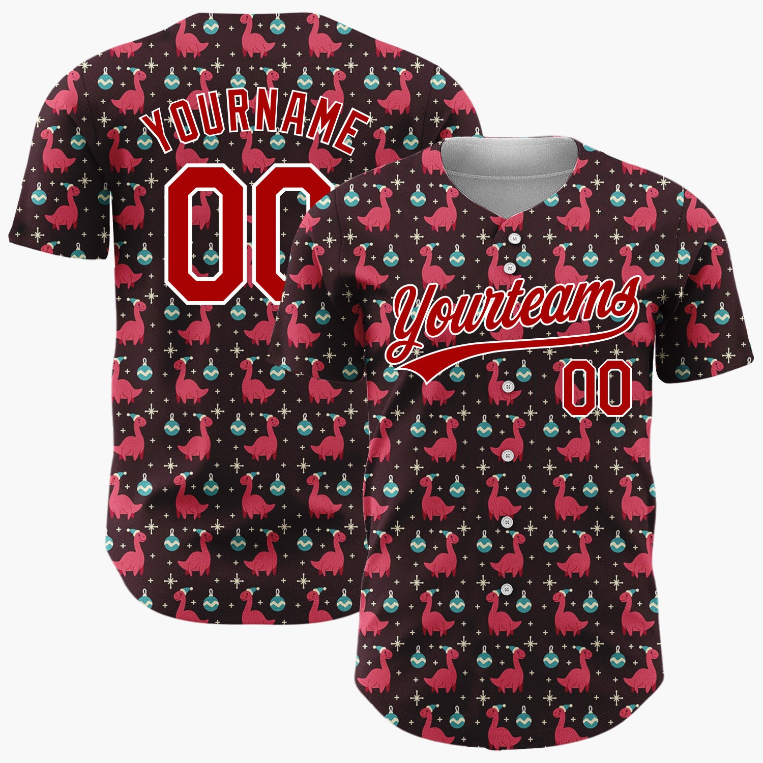 Custom Dark Brown Red Blue Dinosaurs And Ornaments Funny Christmas Baseball Jersey
