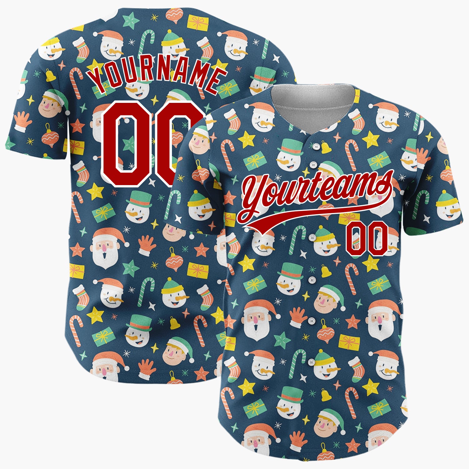 Custom Dark Blue Santa Snowman Christmas Doodles Cartoon Pattern Christmas Baseball Jersey