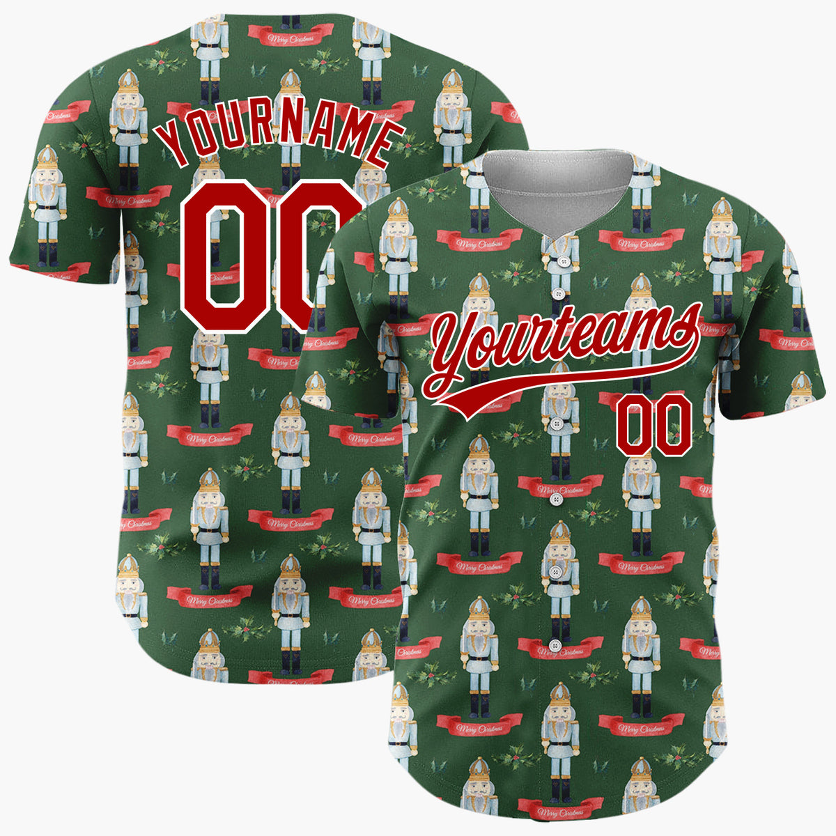 Custom Dark Green Nutcracker Watercolor Pattern Christmas Baseball Jersey