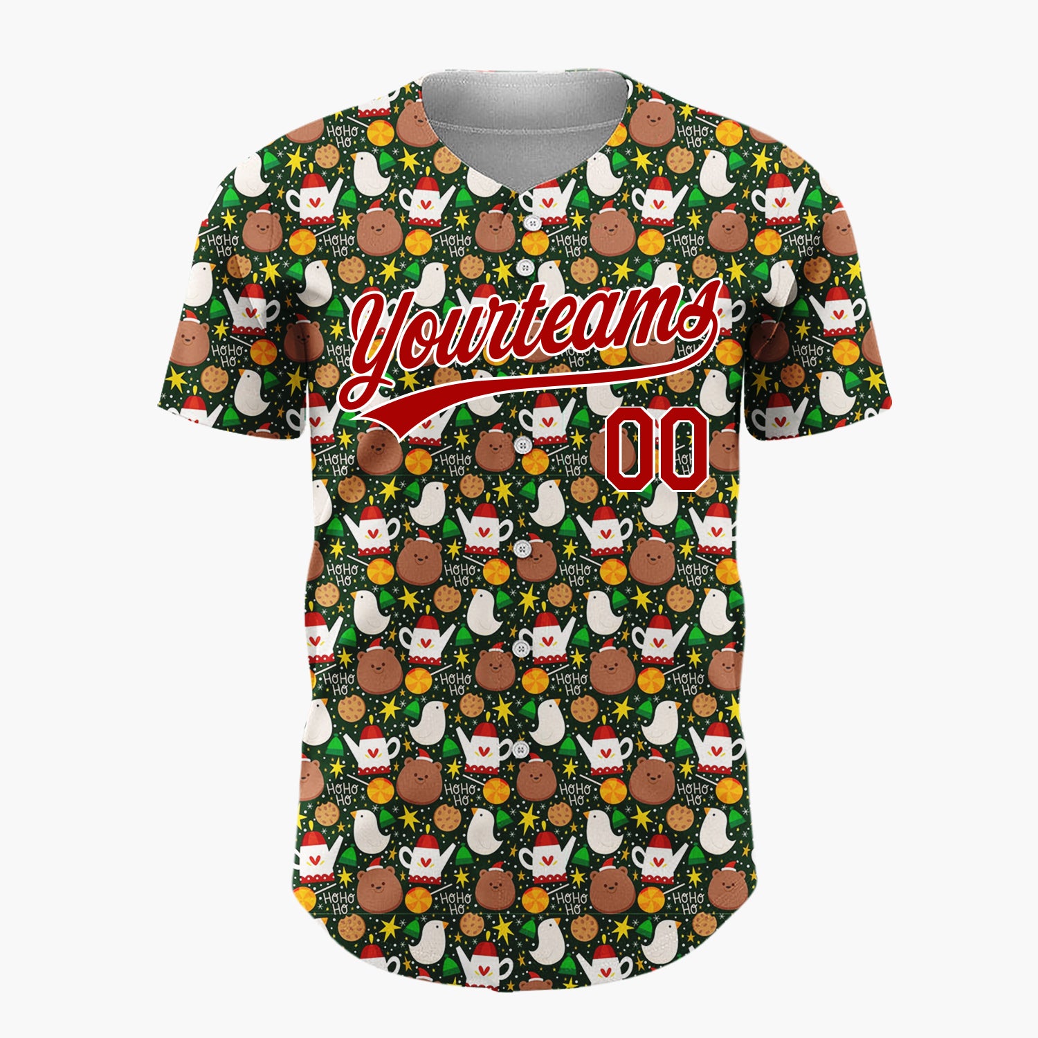 Custom Dark Green Brown Birds Cookies And Teapots Cozy Festive Pattern Christmas Baseball Jersey