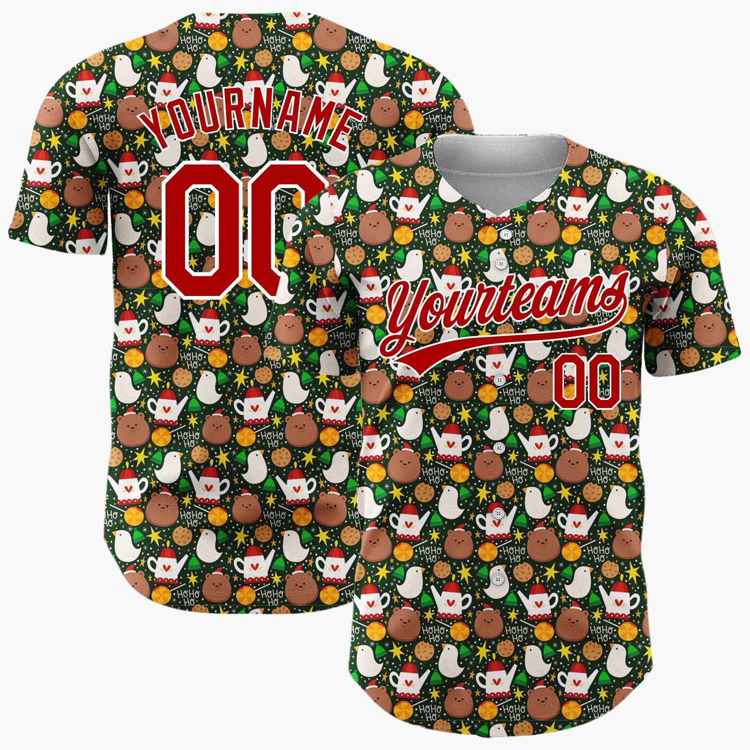 Custom Dark Green Brown Birds Cookies And Teapots Cozy Festive Pattern Christmas Baseball Jersey