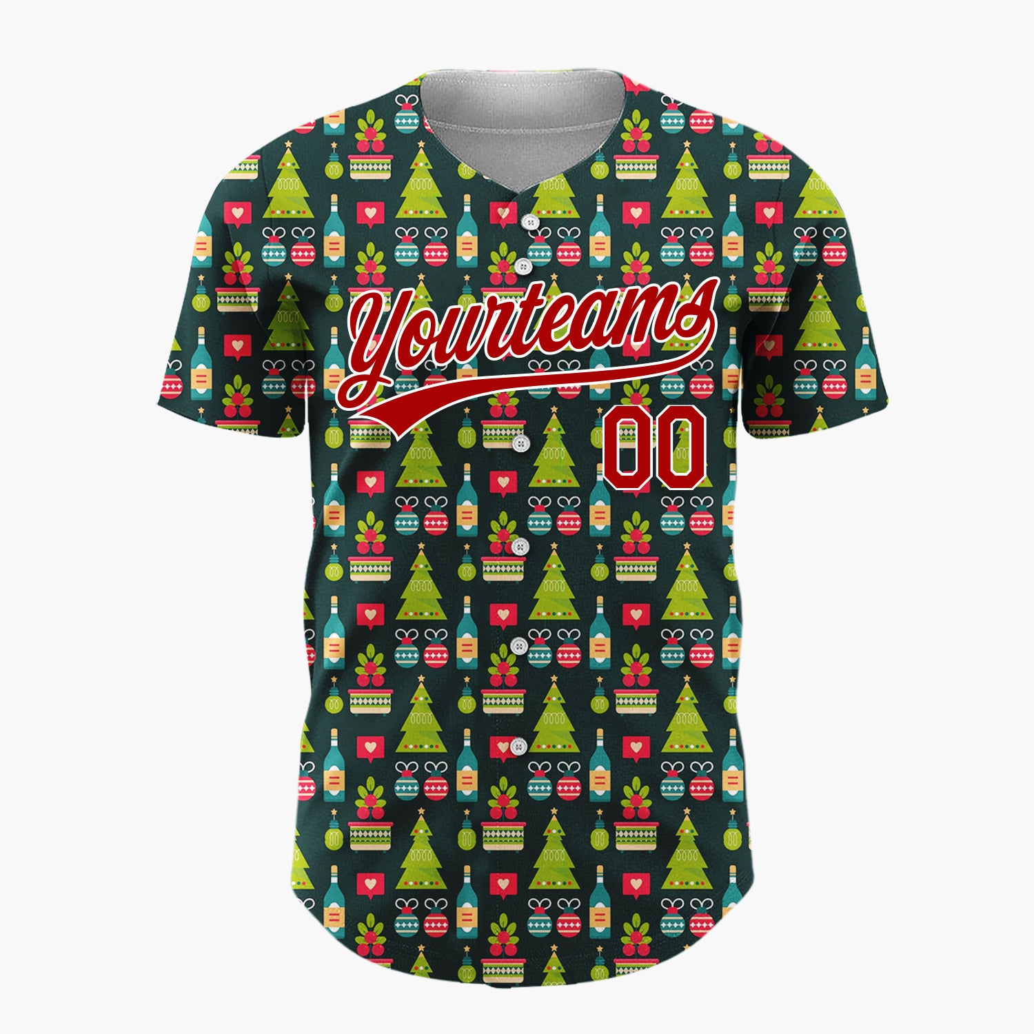 Custom Dark Green Christmas Village Festive Cartoon Pattern Christmas Baseball Jersey