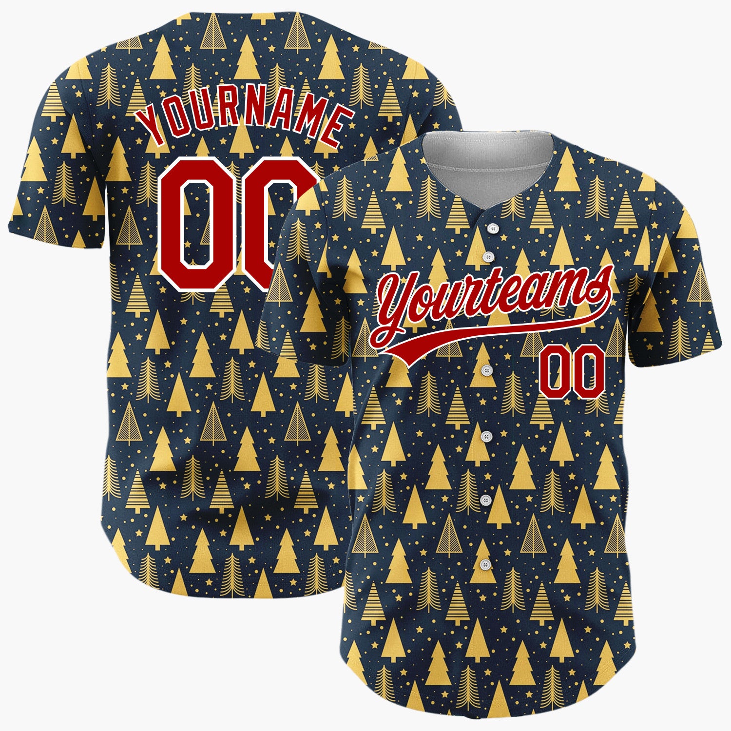 Custom Dark Blue Gold Minimalist Tree And Star Christmas Baseball Jersey