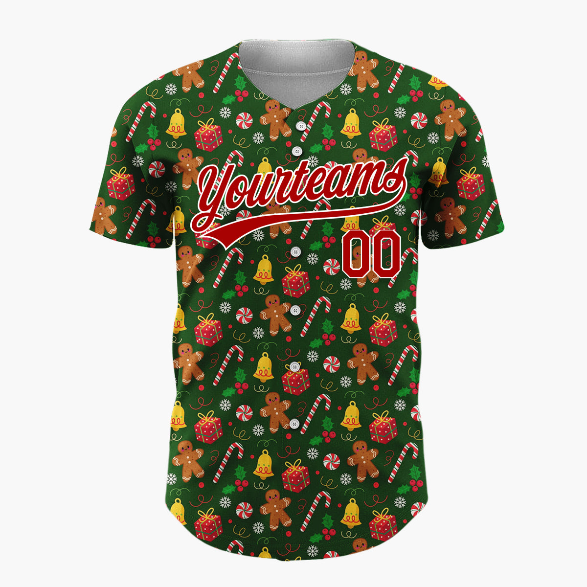 Custom Dark Green Candy Canes Holly Doodles Cartoon Pattern Christmas Baseball Jersey