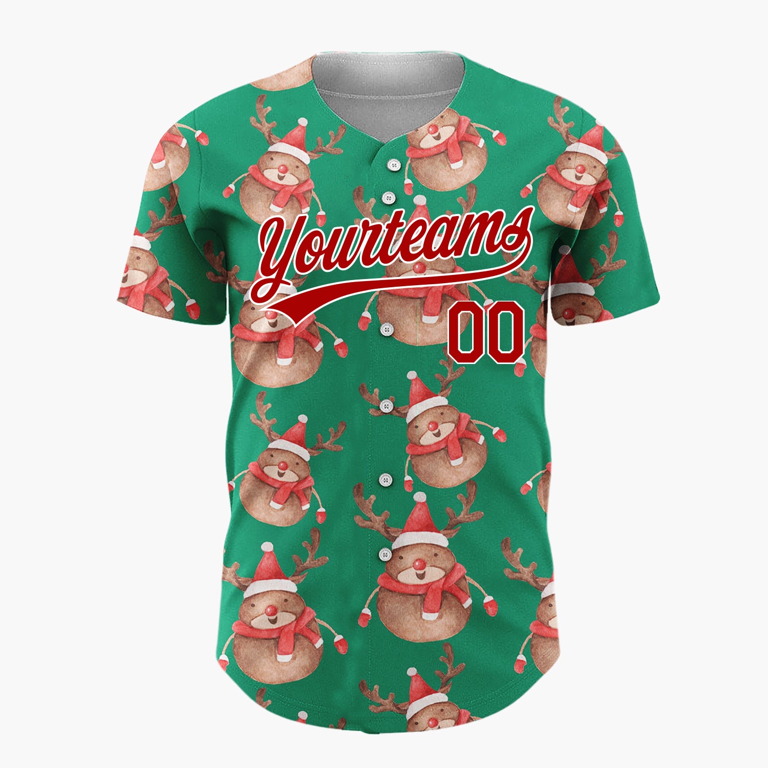 Custom Green Cute Reindeer Festive Watercolor Pattern Christmas Baseball Jersey