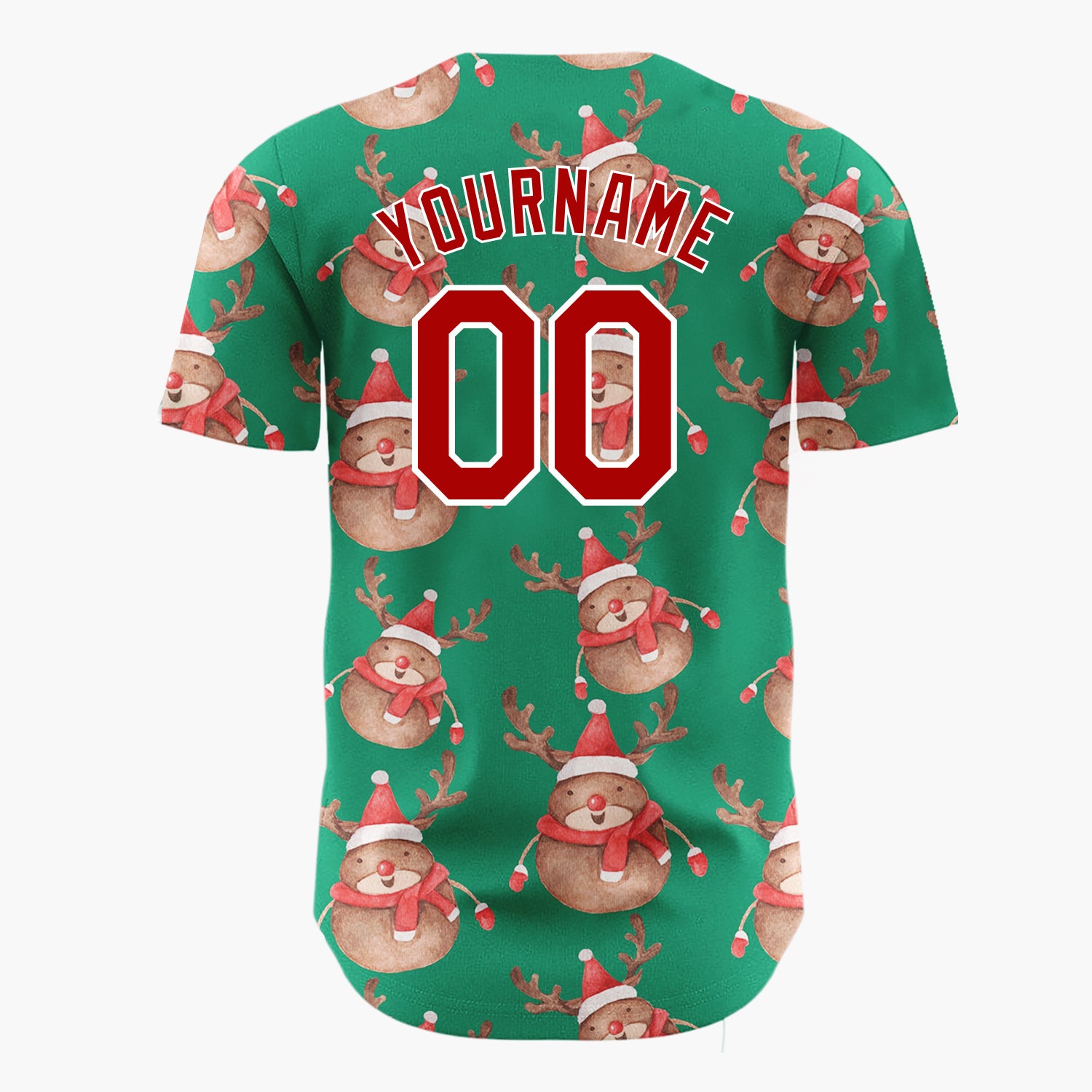 Custom Green Cute Reindeer Festive Watercolor Pattern Christmas Baseball Jersey