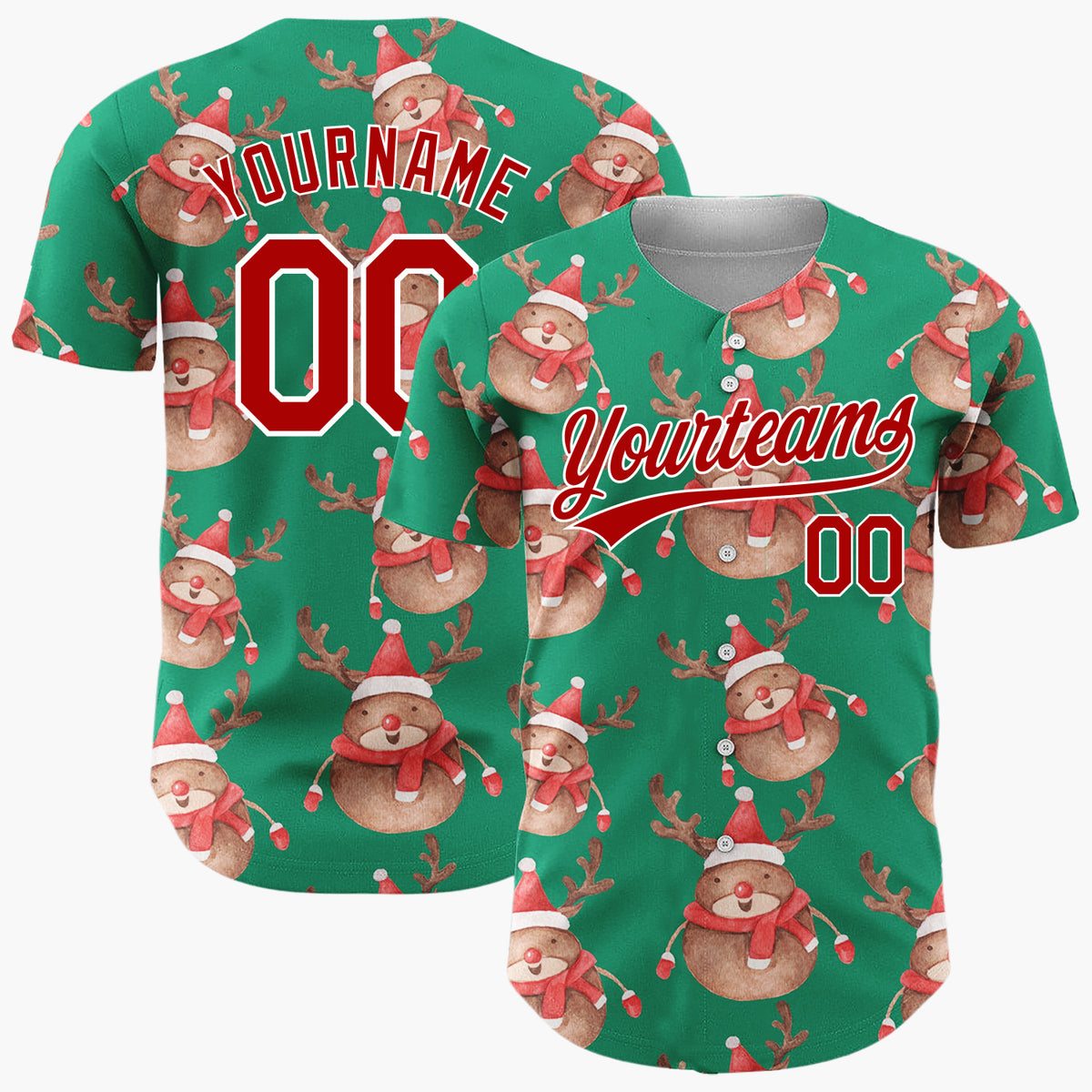 Custom Green Cute Reindeer Festive Watercolor Pattern Christmas Baseball Jersey