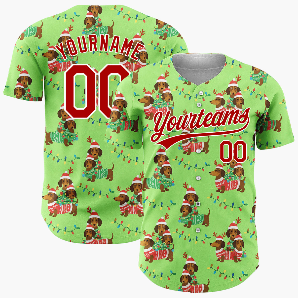Custom Green Brown Dachshunds In Christmas Sweaters Festive Holiday Pattern Christmas Baseball Jersey