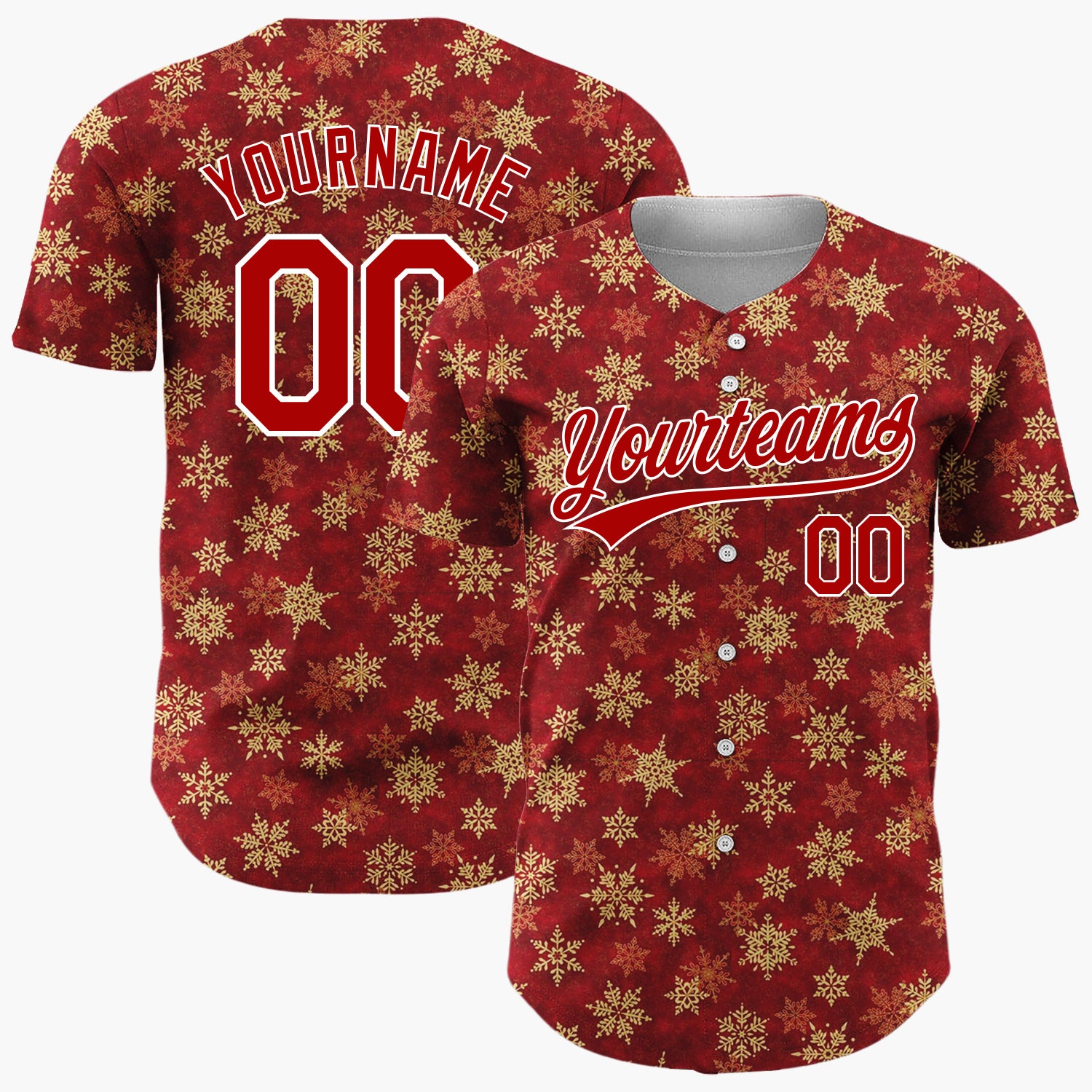 Custom Dark Red Golden Snowflakes Minimalist Pattern Christmas Baseball Jersey